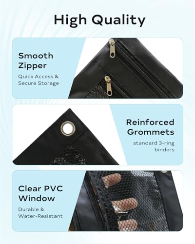 Image of Pencil Pouch for 3 Ring Binder - 3 Hole Zipper Pen Case Bag Holder Bulk Accessories Clear Window Aesthetic Organizer Pockets