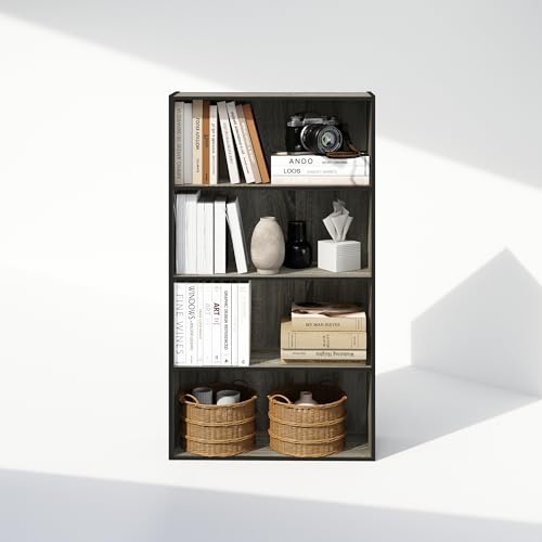 Image of Furinno Simple Book Shelf, 4-Tier Bookshelf, Bookcase with Open Shelf, 9.4 x 23.6 x 41.7, for Living Room, Bedroom, Home Office, French Oak