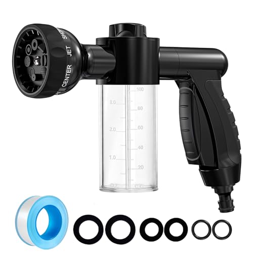 Image of Black Garden Hose Spray Gun with Foam Sprayer, 8 Spray Patterns High Pressure Hose Nozzle, Soap Dispenser Water Gun for Car Washing, Plant Watering, Patio Cleaning and Outdoor, Pet Bathing