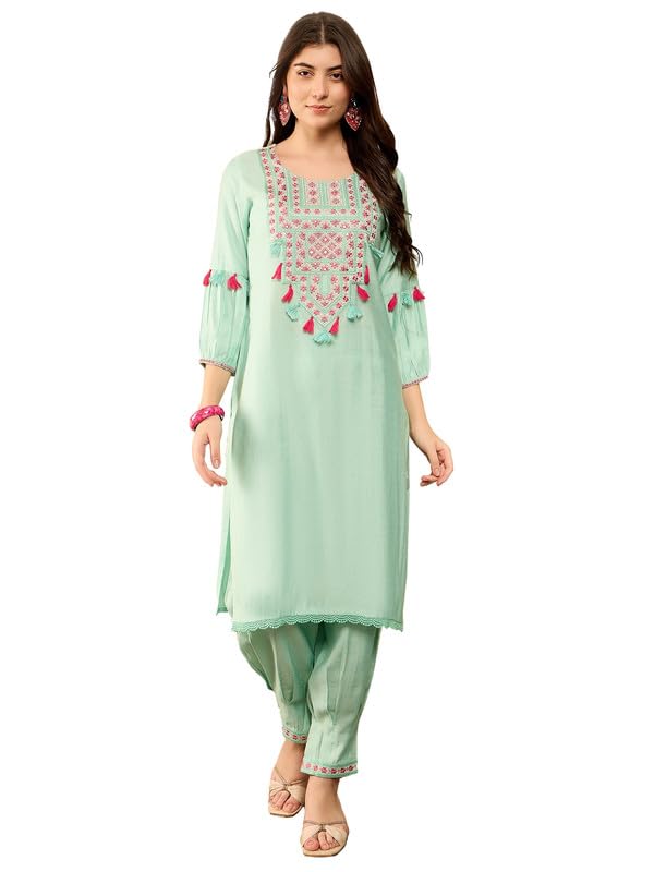 Image of Vaamsi Women's Rayon Solid Straight Embroidered Kurta Salwar Set With Tassels