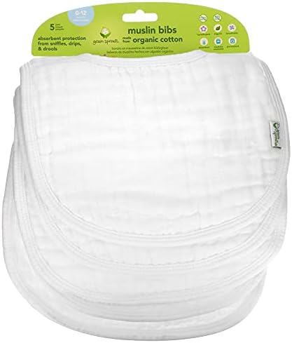 Green Sprouts Muslin Bibs Made from Organic Cotton| 4 Absorbent Layers Protect from sniffles, Drips, & drools | 100% Organic Cotton Muslin, Adjustable snap Closure, Machine Washable,5 Count