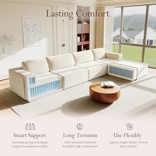 Image of Vesgantti 159 inch Large Modular Sectional Sofa, L-Shaped Corduroy Cloud Couch with Deep Seats & Spring Support, 4-Seater Boneless Sofa with Movable Ottoman, No Assembly Needed, Beige