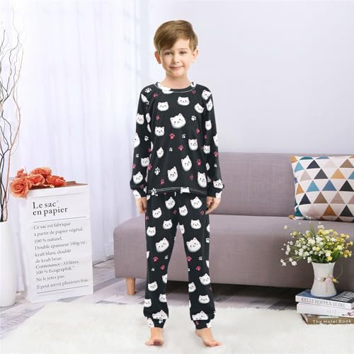 Long Sleeve Pajama Set for Girls Boys Kids,Cute White Cats Pattern Comfy Nightwear Soft Loungewear,Family Matching PJs Underwear Set 4T4