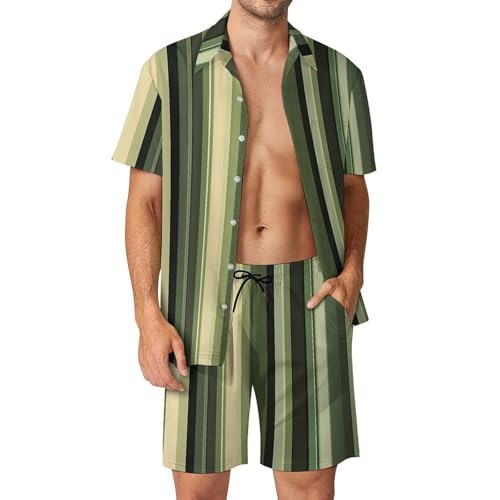 Conjunto de 2 piezas para hombre con camisa a rayas verticales verdes y pantalones cortos casuales