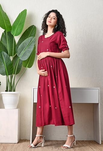 Image of Ichaa Women's Aqua Rayon Printed Maternity Dress with Feeding Zips and Pocket, in Plus Sizes