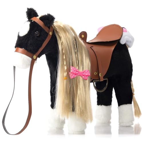 BEJOY Juguete de caballo de peluche, caballo de peinar caballo de peluche juguete de peluche con silla de montar, brida y paño de algodón, juego de simulación regalo de caballo para niñas niños, 28cm