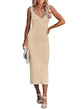 MEROKEETY Womens 2023 Summer V Neck Knit Midi Dress Bodycon Sleeveless Ribbed Sweater Dresses,Apricot,S