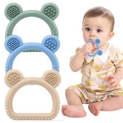 JoyPlus 3 PCS Teething Toys for Baby, Silicone Teether Teething Ring for Babies, Teething Relief Chew Toys, Bear Baby Teething Toy 3-12 Months, Newborn Essentials for Teething Relief, BPA Free