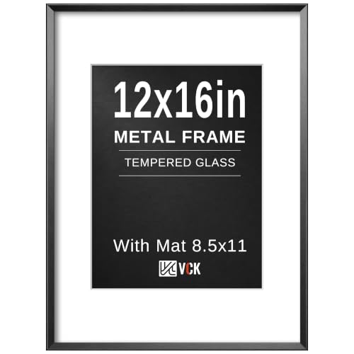 Image of VCK 12x16 Black Aluminum Picture Frame with Mat for 8.5x11 or Without Mat for 12x16, Metal Poster Frame Tempered Glass Wall Gallery Display 1 Pack