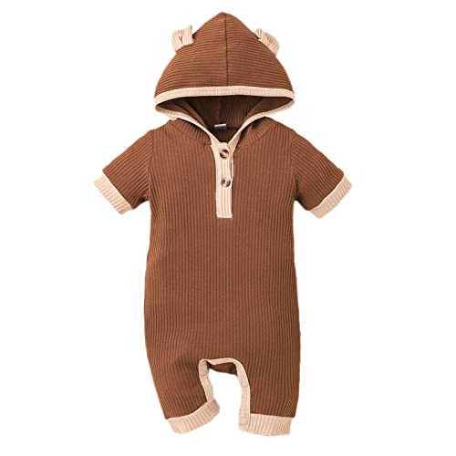 Image of Chyrbaby Infant Baby Girl Boy Clothes Unisex Baby Romper Knit Hoodie Ribbed Jumpsuit Solid Bodysuit