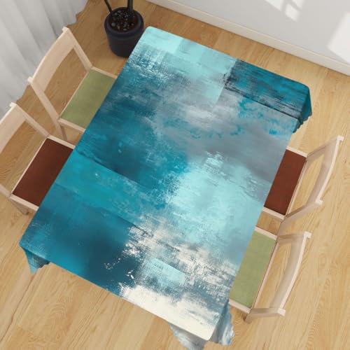 TLCBFF Teal Grey Decorative Rectangle Table Cloth Abstract Art Painting Turquoise Rectangle Tablecloth Picnic Table Cover BBQ Table Cloths Polyester for Kitchen Coffee 52" x 70" 4-6 Seats by TLCBFF - Used condition - Image 2