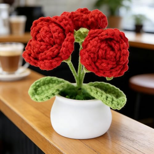 ポット、赤いバラの小さな鉢植えの花、母親、バレンタイン、母親、妻、車のダッシュボード用の素敵なデスク装飾、ニットフラワー [3]