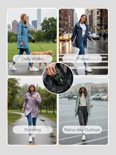 SaphiRose Women's Lightweight Long Rain Jacket Packable Raincoat Hooded Outdoor Trench Coats (Black, M)