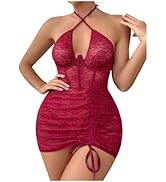 RoseSeek Women's Lace Sheer Criss Halter Drawstring Underwire Babydoll Lingerie Dress with Thongs...