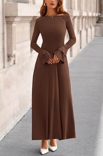 PRETTYGARDEN Womens Dresses Formal Off The Shoulder Long Sleeve Ruched Knit A-Line Maxi Wedding Guest Dress Fall Clothes2