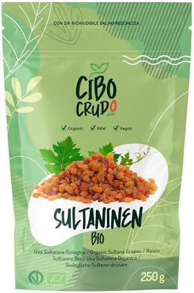 Sultaninen Bio Ungeschwefelt - 250g. Getrocknete und Rohe. Dehydrierte Rosinen ohne Zuckerzusatz zum Verzehr zu Snacks oder Desserts.