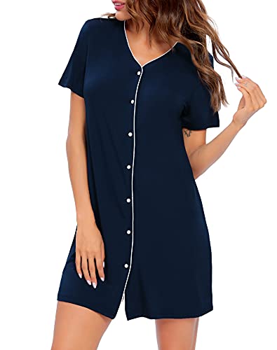 Swomog Women's Button Down Nightgown Short Sleeve Nightshirt V-Neck Sleepwear Boyfriend Sleepshirt Pajama Dress #TOP1