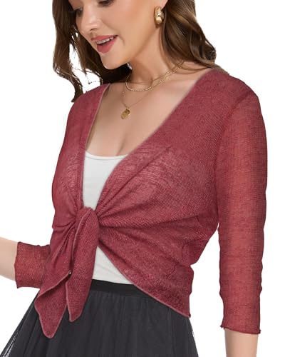 Image of Women Crop Cardigan Sheer Mesh Bolero Shrug for Dress Tie Front 3 /4 Sleeve Tops