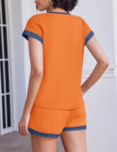 Image of Ekouaer Two Piece Sets for Women Summer Striped Lounge Set Vacation Outfit | Casual Cute Waffle Knit Tops Shorts Sets with Pocket for Travel, Jogging, Cruise, Beach, Airport