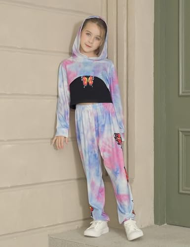Image of Gaupafmb Girls Clothes 3PC Tie-dye with Butterfly Print Hoodie Sweatshirt Butterfly Print Cami Tops Sweatpants Girls