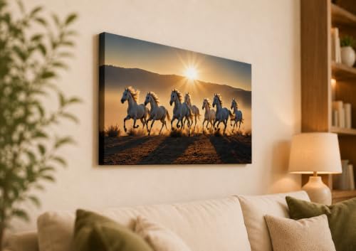 Image of 7 Horse Vastu Sunrise Canvas Painting | Positive Energy Wall Decor | Big Size Premium Running Horses Artwork for Home, Office & Hall Decoration (Modern, Golden Horse, 26x18 Inch)