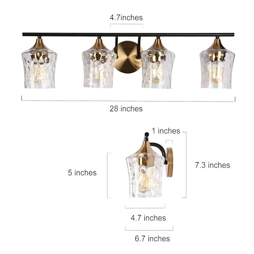 Image of KSANA 28 inch Large Bathroom Vanity Lights, 4 Light Mid-Century Modern Vanity Light with Textured Glass Shade Black and Electroplated Brass Bathroom Light Fixtures for Hallway, Entryway