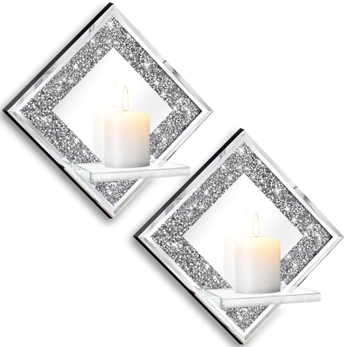 ZOLAPI Crystal Crush Diamond Wall Candle Holder Set of 2, Diamond Silver Mirrored Candle Sconces, Home Wall Decoration for Living Room, Dining Room & Bedroom.