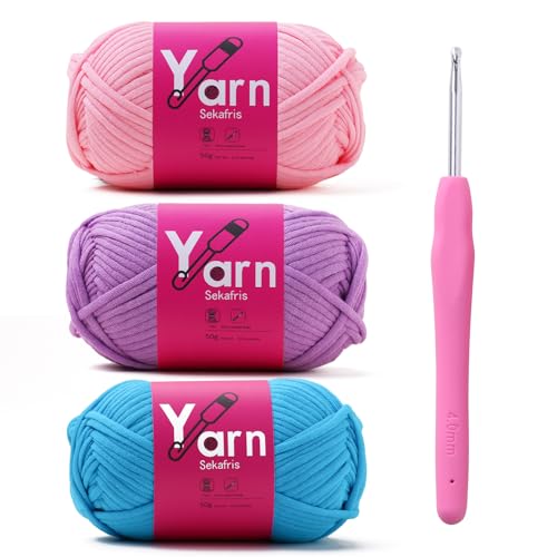 Image of Crochet Yarn 150g /163.5yds Cotton - Chunky Yarn for Crocheting - Parfait Colors (Pink, Pale Purple, Lake Blue)