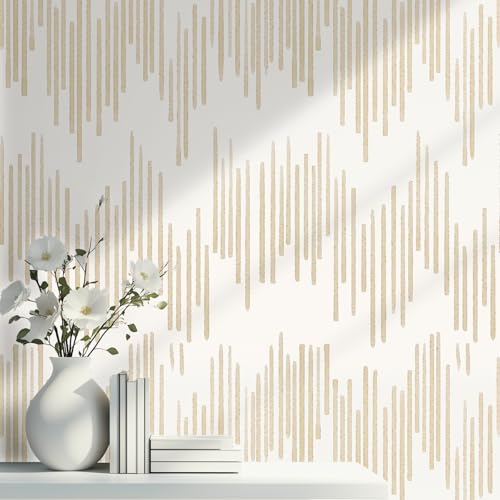 WENMER Beige Striped Wallpaper, Geometric Peel and Stick Wallpaper, 17.7''×118'' Gold Contact Paper, Beige Self Adhesive Removable Wall Paper for Bathroom Cabinets Kitchen