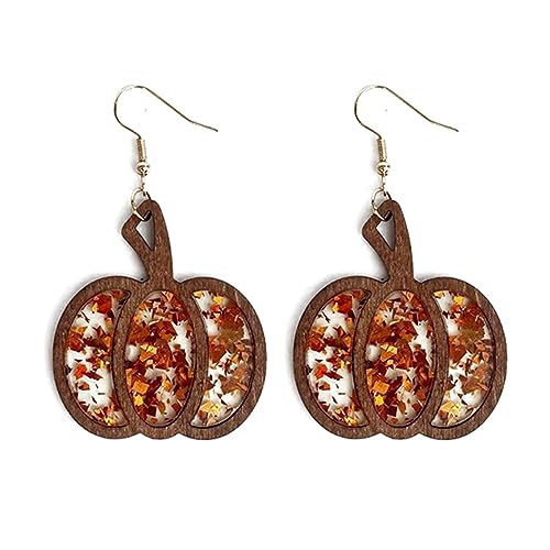 Halloween Spark Glitter Pumpkin Wooden Drop Earrings Thanksgiving Leopard Print Leather Pumpkin Wooden Dangle Earrings for Women Fall Thanksgiving Halloween Party Jewelry Gifts
