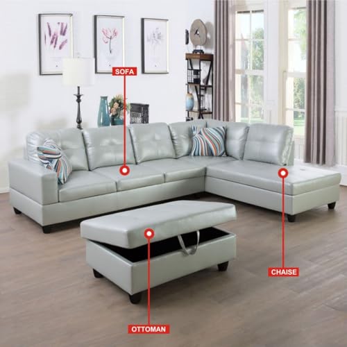 Image of L-Shaped 3-Piece Semi PU Synthetic Leather Sofa with Storage Ottoman Set, Sectional Couch Sofa Set for Living Room, Office, Small Space, Silver Green
