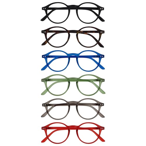 OPULIZE REY Gafas de Lectura - Pack de 6 - Montura Redonda Retro - Negro Mate, Marrón, Azul, Verde, Gris, Rojo - Hombre Mujer - RRRRRR56-12367Z - +1.50