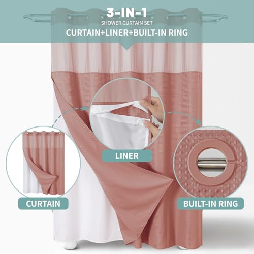 eachope No Hook Waffle Shower Curtain with Snap-in Liner, 71x77 Inch, Coral by eachope - Used condition - Image 3