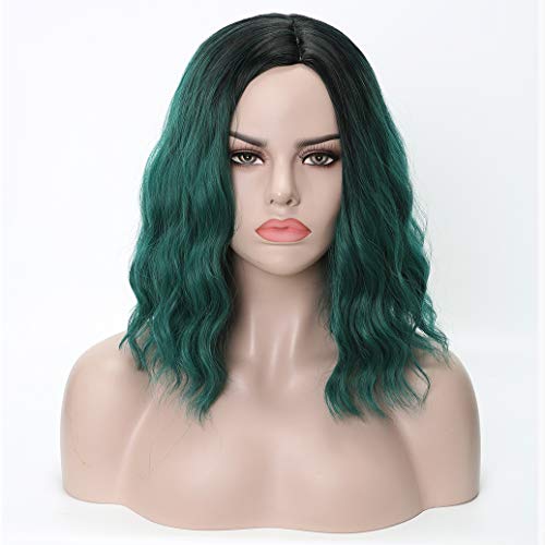 Duacorn Ombre Short Wavy Hair Wigs 2 Tone Color Black to Green Middle Part Heat Resistant Synthetic Hair Replacement Wig For Women