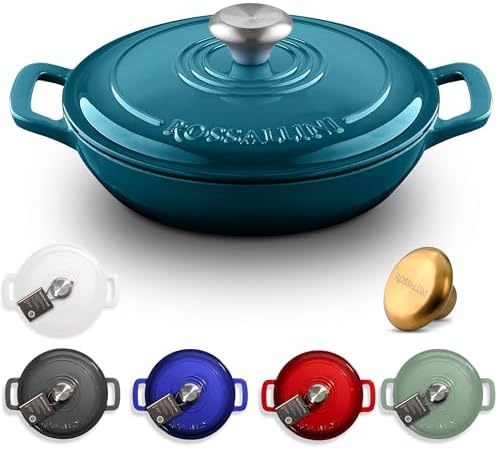 ROSSALLINI Signature Enameled Cast Iron Braiser, Non-Stick Serving Pot with Tight Fitting Lid for Perfect Roasting, Baking, Sauteing, Searing, and Pan Frying | 3.5Q (3.3L) - Ocean Blue