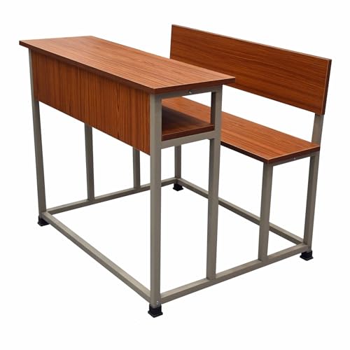 Image of ALKOSIGN Dual Student Bench with Shelf - Prelam Particle Board Natural Teak Top with Beige Powder Coating 100 CM | for Classes 7th to Collage | for School Classroom, Tuitions etc