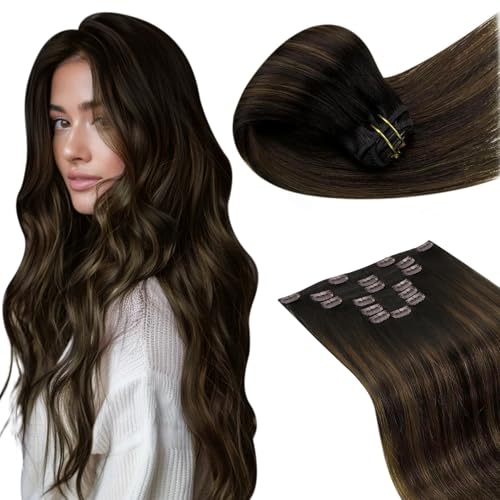 Image of LaaVoo Clip in Hair Extensions Real Human Hair Balayage 18 Inch Human Hair Extensions Clip Ins Full Head 7pcs 130g