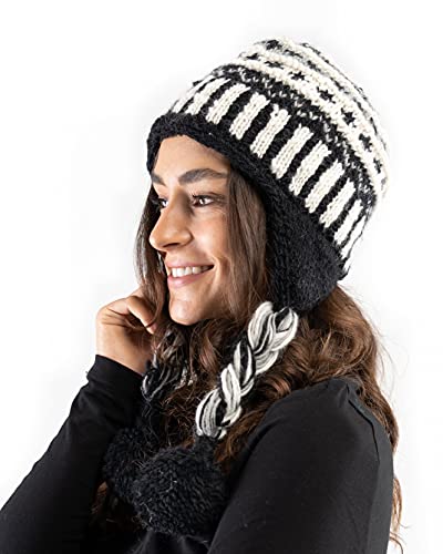 Tibetan Socks Wool Hand Knit Beanie Pom Pom Hat Black/White