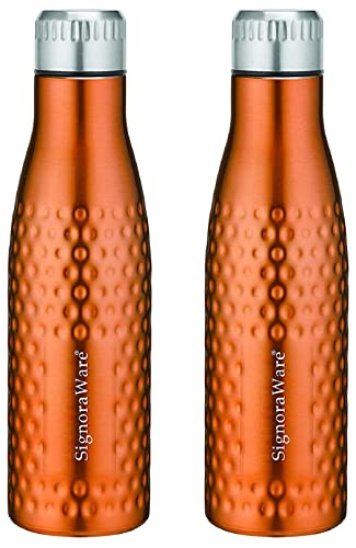 Image of Signoraware Aace Hammered Single Walled Stainless Steel Fridge Water Bottle, 1000ml, Grey + Signoraware Aace Hammered Single Walled Stainless Steel Fridge Water Bottle, 1000ml, Copper, 2 Pieces