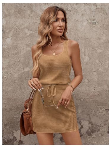 Image of RoseSeek Women's Waffle Knit Belted Tank A Line High Waisted Dresses Square Neck Sleeveless Summer Short Dress