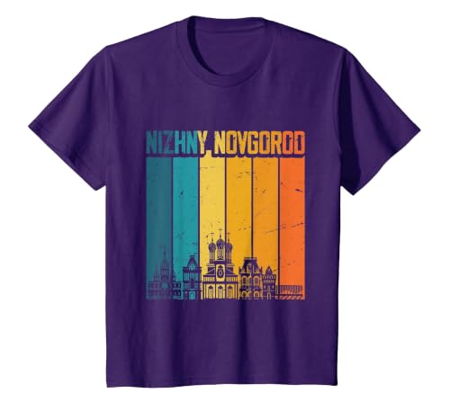 Nizhny Novgorod Russia Retro Vintage Sunset Skyline T-Shirt, Youth, Purple, Large