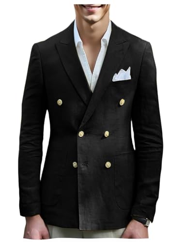 Men's Double Breasted Suit Lightweight Jacket Regular Fit Linen Casual Sport Coat