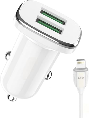 BZ12 Dual USB Car Charger, White with USB-A to lightning cable, 2.4A Fast Charging, Universal Compatibility