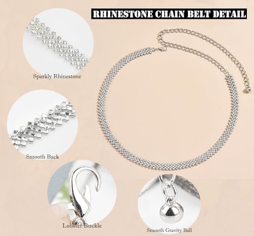 Women's Rhinestone-Chain-Belt Silver-Diamond-Waist-Belts Adjustable for Wedding-Bridal Dress 27-36''Waist2