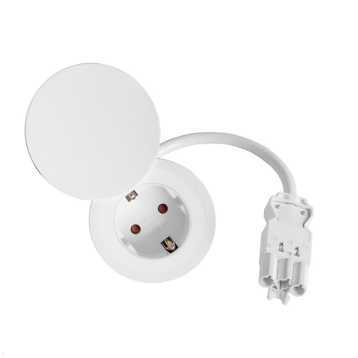 BACHMANN Prise encastrable + kit de couvercle, PIX 1 prise blanche avec 2 anneaux décoratifs (blanc et aspect acier inoxydable) et câble GST de 0,2 m (profondeur d'encastrement de 45 mm seulement)