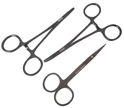 Heavy Duty All Black Iris Scissors + Hemostat Forceps Straight Premium Quality (5.5" Scissors + 5" Straight Hemostat)