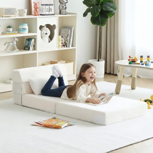 Image of Tiita Convertible Folding Kids Sofa Bed with Pillow & Storage Bag, Plush Fabric Floor Mattress Couch Bed, Washable Cover, Kids Room, Playroom, Dorm, Apartment, Beige