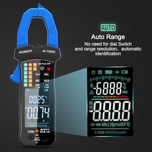 Image of AIOMEST Digital Clamp Meter, 6000 Counts Handheld Multimeter Slim Voltage Tester Auto-Range 60A /400A True-RMS w /NCV, DC & AC, Temp, Volt Ammeter AI-7200D