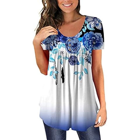 QWERTUR Women Casual Plus Size O Neck Printed Loose Button Tunic VBlouse Tops Tops Cover