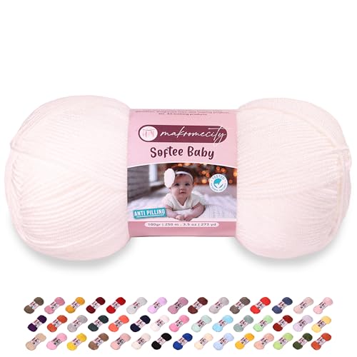 Image of Makromecity Softee Baby Yarn,%100 Premium Anti-Pilling Acrylic, 3.5 Oz, 273 yd (100gr /250 mt), Snow White Soft Yarn for Crocheting and Knitting (Snow White, 1 Skein)